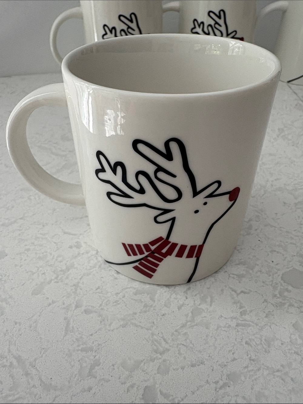 Crate&Barrel White Reindeer Mugs with Red Accent - Set of 4
